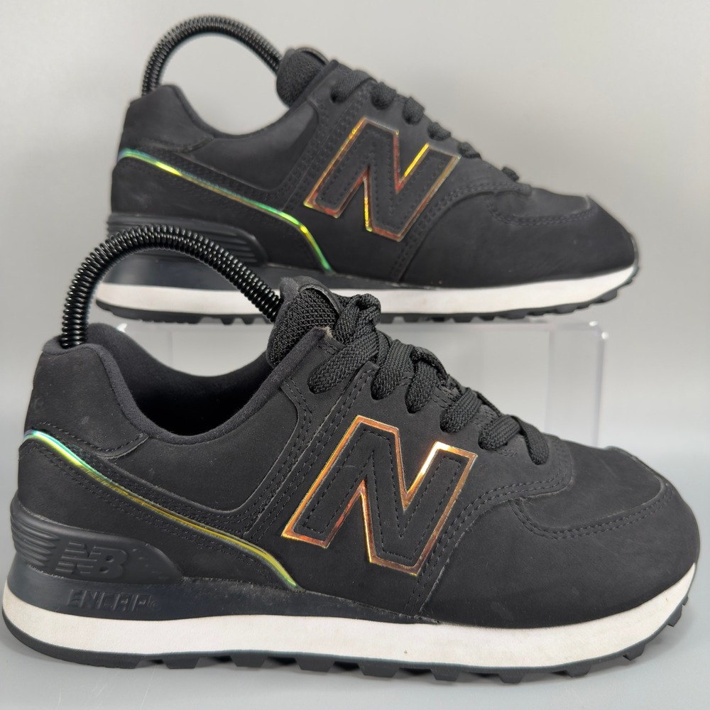 New Balance 574 Womens 6 B Casual Sneaker Black Iridescent Low Lace Up Dad Shoes